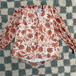 ANTONIO MELANI Amoura Blouse Brick Orange Floral Sheer Long Sleeve Smocked Md